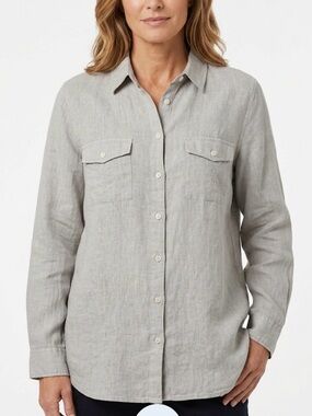 J. Jill Love Linen Breathable Gray Coastal Button Up Shirt, Large
